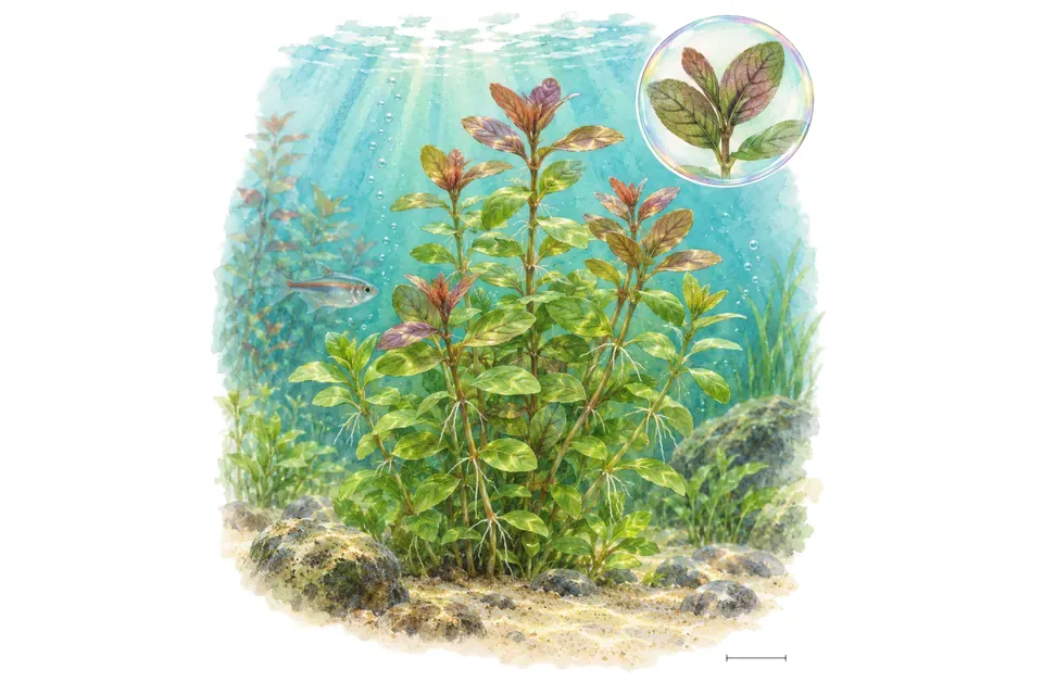 Aquarelle : Bacopa de Salzmann (Bacopa salzmannii) dans une eau turquoise lumineuse, avec un détail dans une bulle.