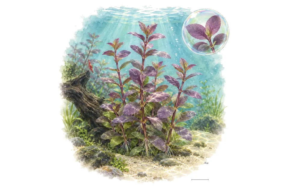 Aquarelle : Bacopa salzmannii Purple (Bacopa salzmannii 'Purple') dans une eau turquoise lumineuse, avec un détail dans une bulle.