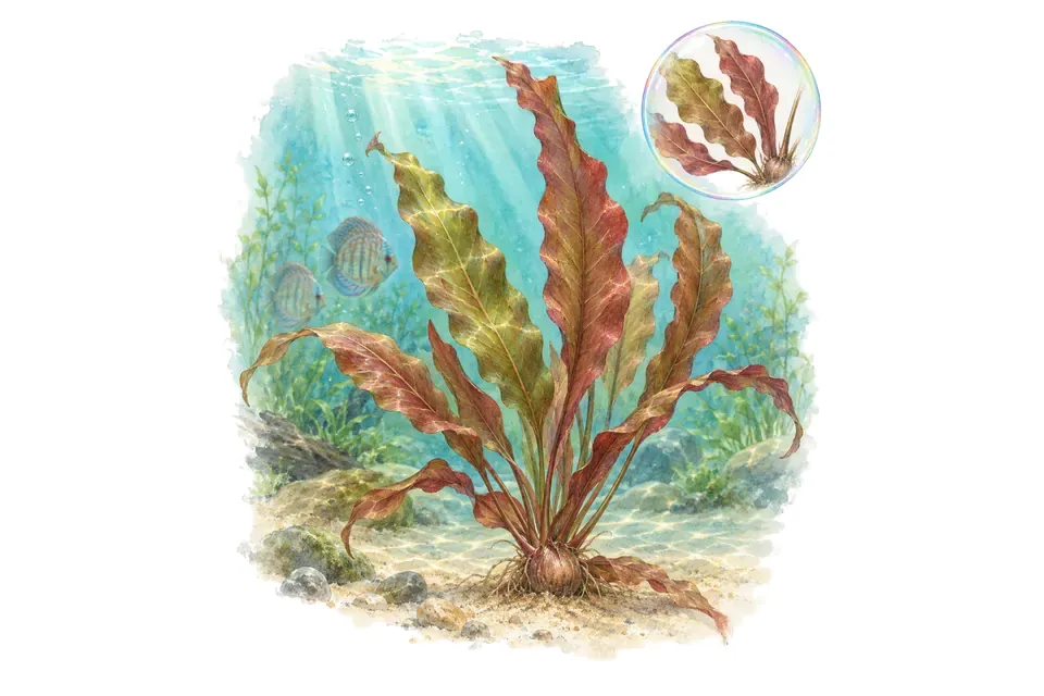 Aquarelle : Barclaya à longues feuilles (Barclaya longifolia) dans une eau turquoise lumineuse, avec un détail dans une bulle.