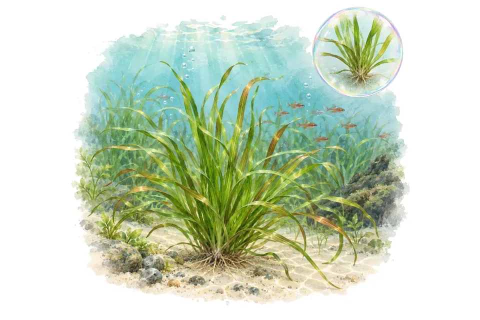 Aquarelle : Blyxa aubertii (Blyxa aubertii) dans une eau turquoise lumineuse, avec un détail dans une bulle.
