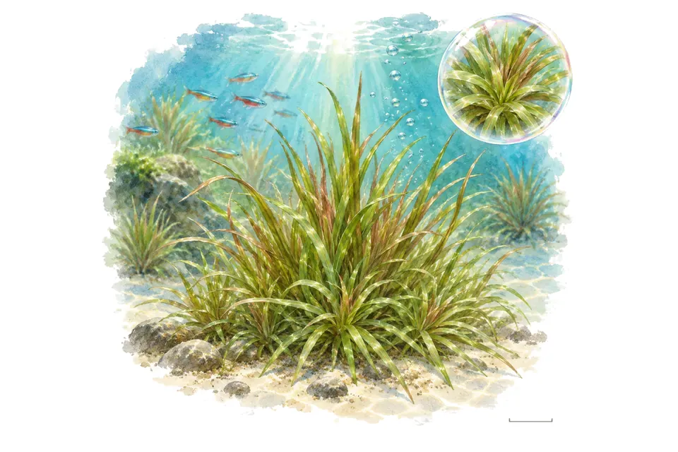 Aquarelle : Blyxa du Japon (Blyxa japonica) dans une eau turquoise lumineuse, avec un détail dans une bulle.
