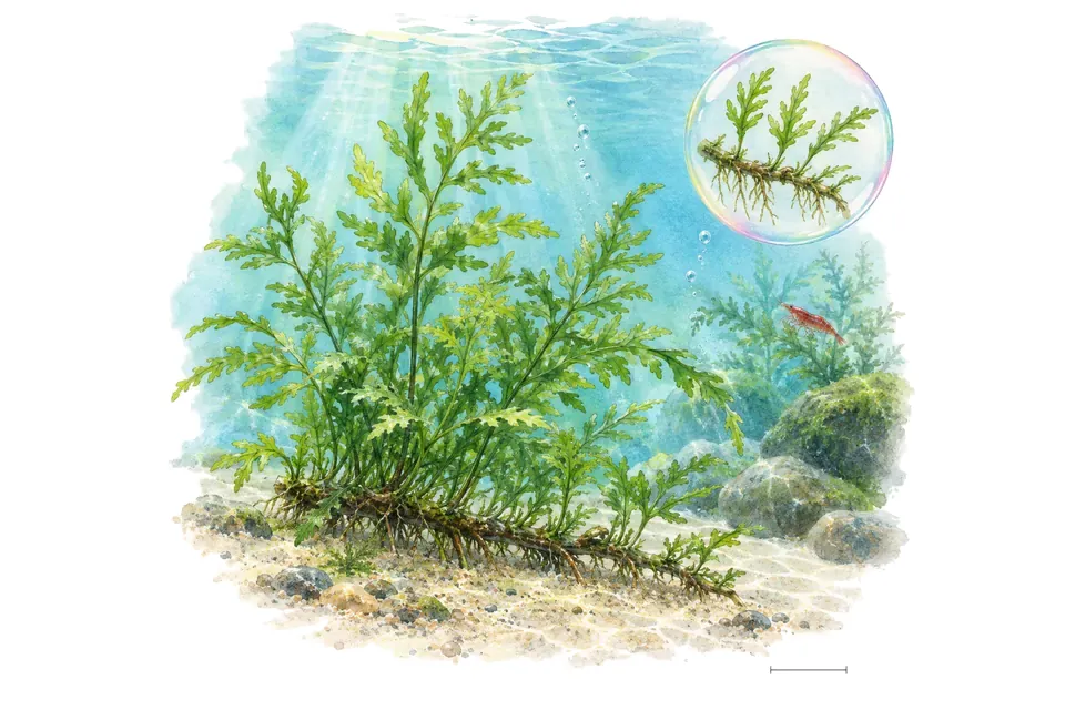 Aquarelle : Bolbitis miniature difformis (Bolbitis heteroclita 'Difformis') dans une eau turquoise lumineuse, avec un détail dans une bulle.