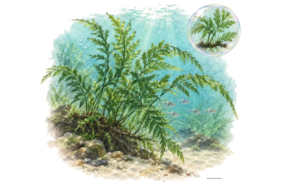 Aquarelle : Bolbitis de Heudelot (Bolbitis heudelotii) dans une eau turquoise lumineuse, avec un détail dans une bulle.