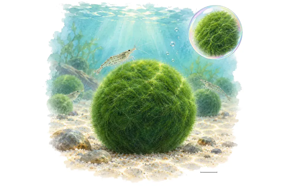 Aquarelle : Boule de mousse (Aegagropila linnaei) dans une eau turquoise lumineuse, avec un détail dans une bulle.