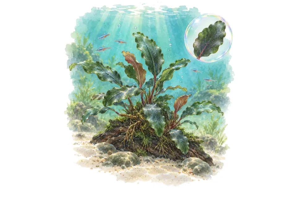 Aquarelle : Bucephalandra (Bucephalandra sp.) dans une eau turquoise lumineuse, avec un détail dans une bulle.