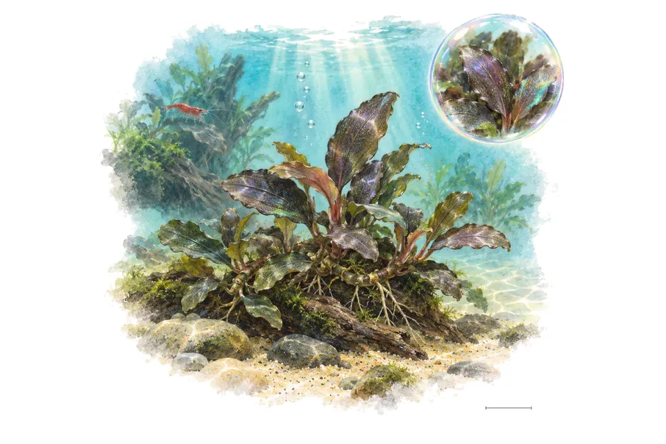 Aquarelle : Bucephalandra brownie ghost (Bucephalandra sp. 'Brownie Ghost') dans une eau turquoise lumineuse, avec un détail dans une bulle.