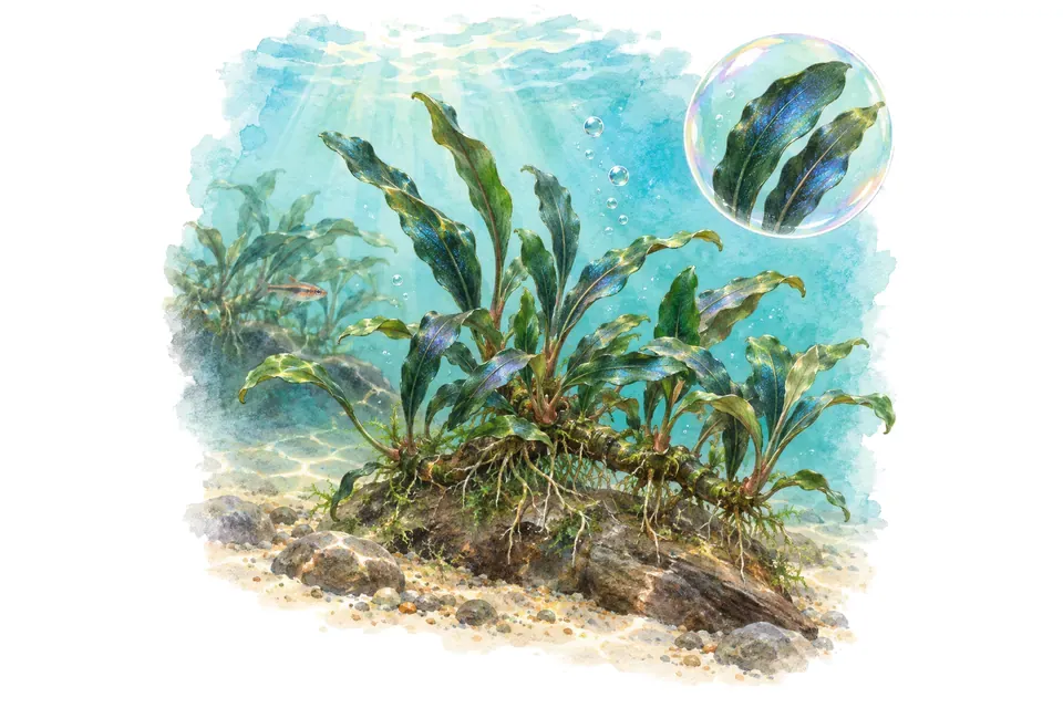 Aquarelle : Bucephalandra kedagang (Bucephalandra sp. 'Kedagang') dans une eau turquoise lumineuse, avec un détail dans une bulle.
