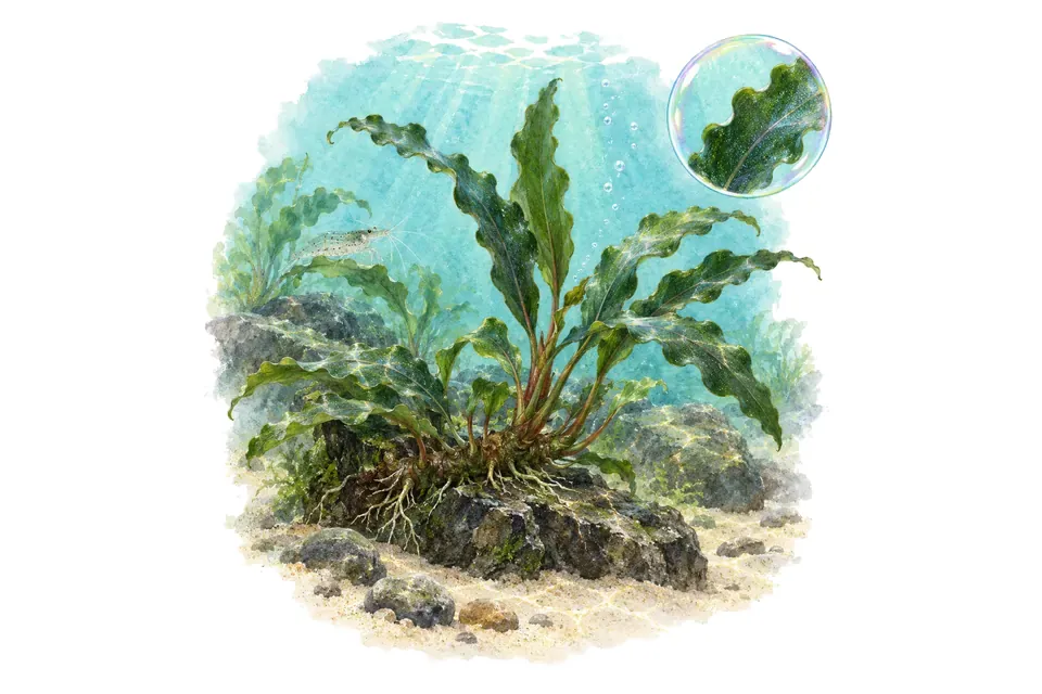 Aquarelle : Bucephalandra kishii (Bucephalandra kishii) dans une eau turquoise lumineuse, avec un détail dans une bulle.