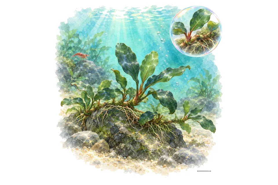 Aquarelle : Bucephalandra motleyana (Bucephalandra motleyana) dans une eau turquoise lumineuse, avec un détail dans une bulle.