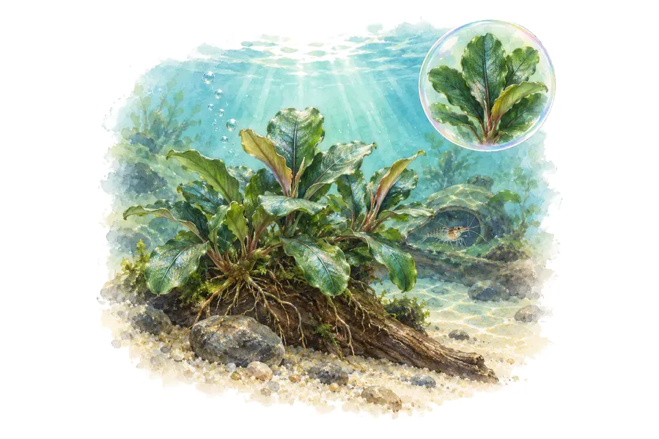 Aquarelle : Bucephalandra Theia (Bucephalandra sp. 'Theia') dans une eau turquoise lumineuse, avec un détail dans une bulle.