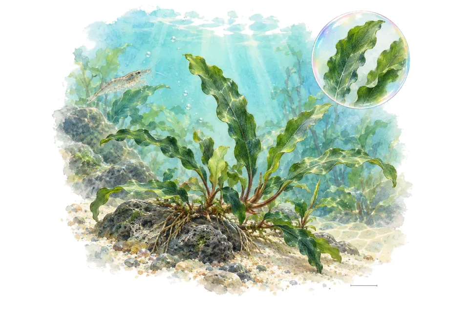 Aquarelle : Bucephalandra Wavy Green (Bucephalandra sp. 'Wavy Green') dans une eau turquoise lumineuse, avec un détail dans une bulle.