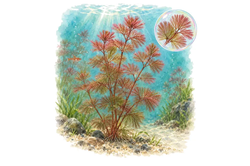 Aquarelle : Cabomba rouge (Cabomba furcata) dans une eau turquoise lumineuse, avec un détail dans une bulle.
