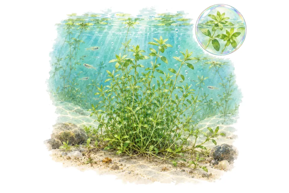 Aquarelle : Callitriche des marais (Callitriche palustris) dans une eau turquoise lumineuse, avec un détail dans une bulle.