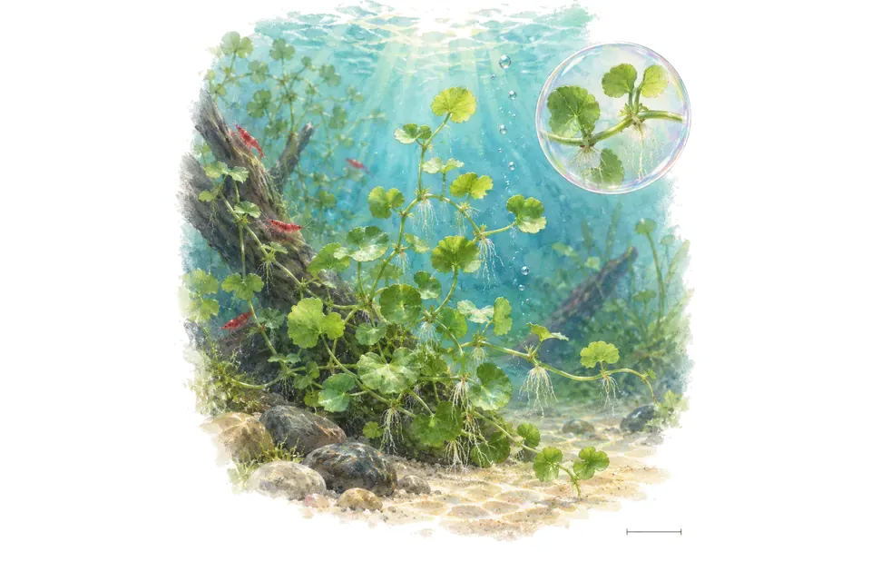 Aquarelle : Cardamine lyrée (Cardamine lyrata) dans une eau turquoise lumineuse, avec un détail dans une bulle.
