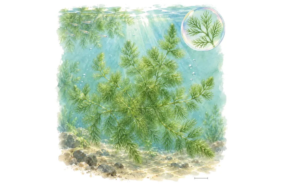 Aquarelle : Cornifle submergé (Ceratophyllum submersum) dans une eau turquoise lumineuse, avec un détail dans une bulle.