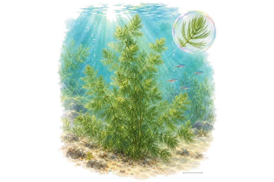 Aquarelle : Cornifle (Ceratophyllum demersum) dans une eau turquoise lumineuse, avec un détail dans une bulle.