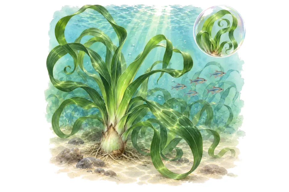 Aquarelle : Crinum calamistratum (Crinum calamistratum) dans une eau turquoise lumineuse, avec un détail dans une bulle.