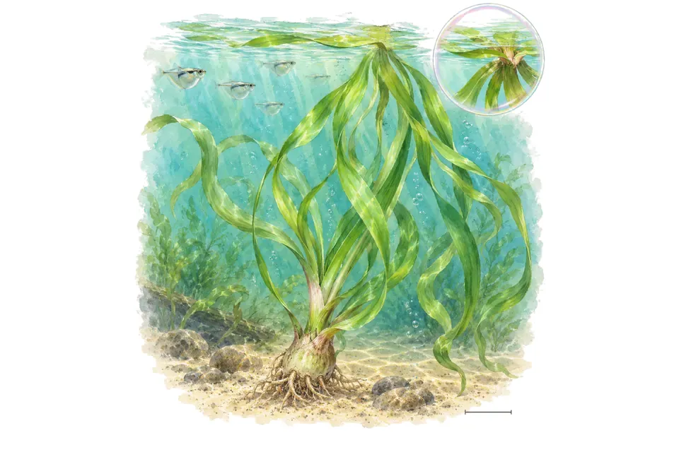 Aquarelle : Crinum nageant (Crinum natans) dans une eau turquoise lumineuse, avec un détail dans une bulle.
