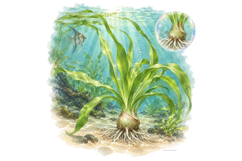 Aquarelle : Crinum de Thaïlande (Crinum thaianum) dans une eau turquoise lumineuse, avec un détail dans une bulle.