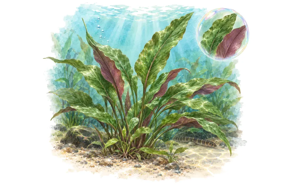 Aquarelle : Cryptocoryne affinis (Cryptocoryne affinis) dans une eau turquoise lumineuse, avec un détail dans une bulle.