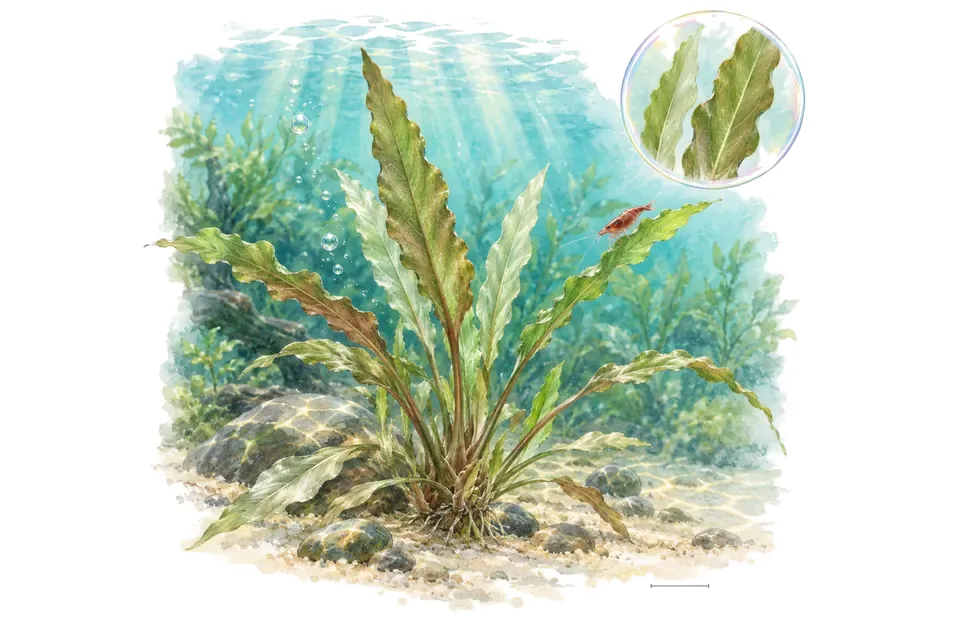 Aquarelle : Cryptocoryne albida (Cryptocoryne albida R.Parker) dans une eau turquoise lumineuse, avec un détail dans une bulle.