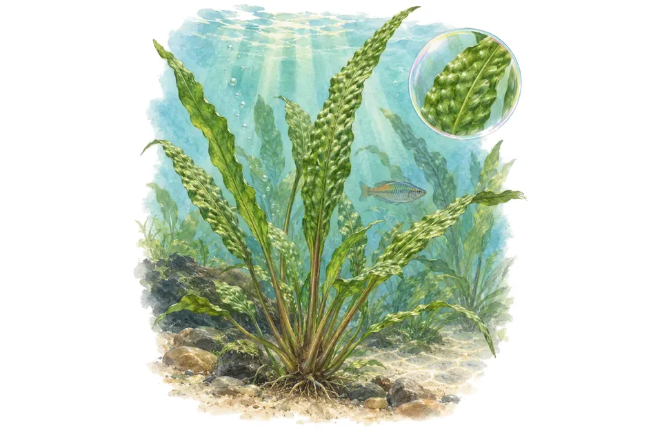 Aquarelle : Cryptocoryne aponogetifolia (Cryptocoryne aponogetifolia) dans une eau turquoise lumineuse, avec un détail dans une bulle.