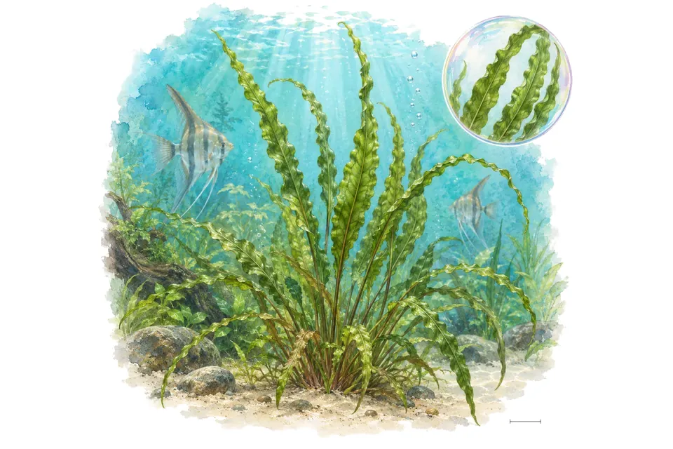 Aquarelle : Cryptocoryne balansae (Cryptocoryne crispatula var. balansae) dans une eau turquoise lumineuse, avec un détail dans une bulle.