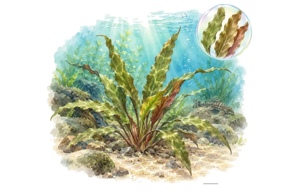 Aquarelle : Cryptocoryne de Beckett (Cryptocoryne beckettii) dans une eau turquoise lumineuse, avec un détail dans une bulle.