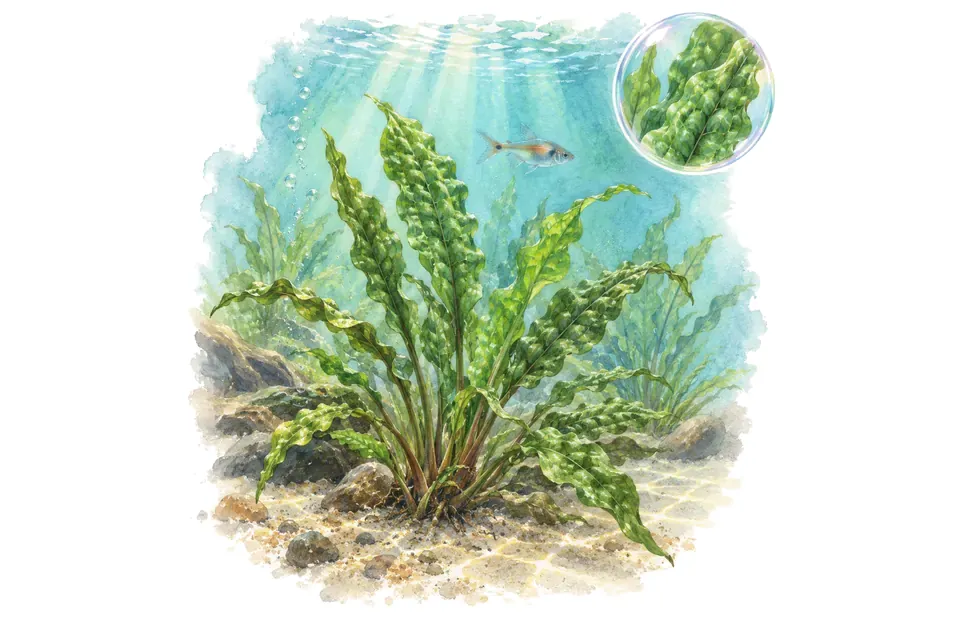 Aquarelle : Cryptocoryne bullosa (Cryptocoryne bullosa) dans une eau turquoise lumineuse, avec un détail dans une bulle.
