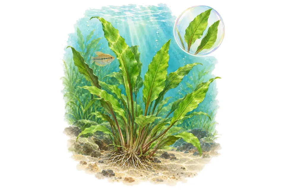 Aquarelle : Cryptocoryne ciliée (Cryptocoryne ciliata) dans une eau turquoise lumineuse, avec un détail dans une bulle.