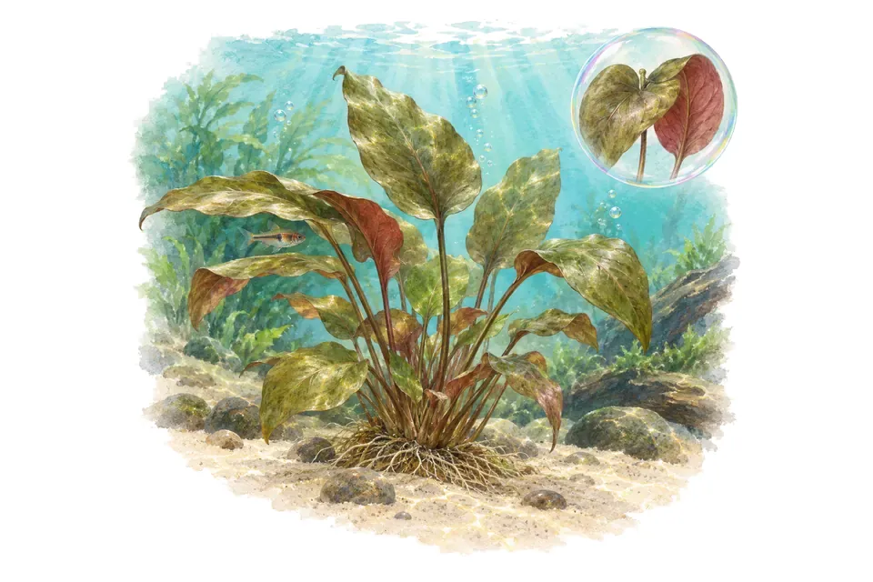 Aquarelle : Cryptocoryne cordata (Cryptocoryne cordata) dans une eau turquoise lumineuse, avec un détail dans une bulle.