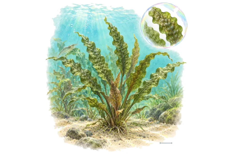 Aquarelle : Cryptocoryne hudoroi (Cryptocoryne hudoroi) dans une eau turquoise lumineuse, avec un détail dans une bulle.