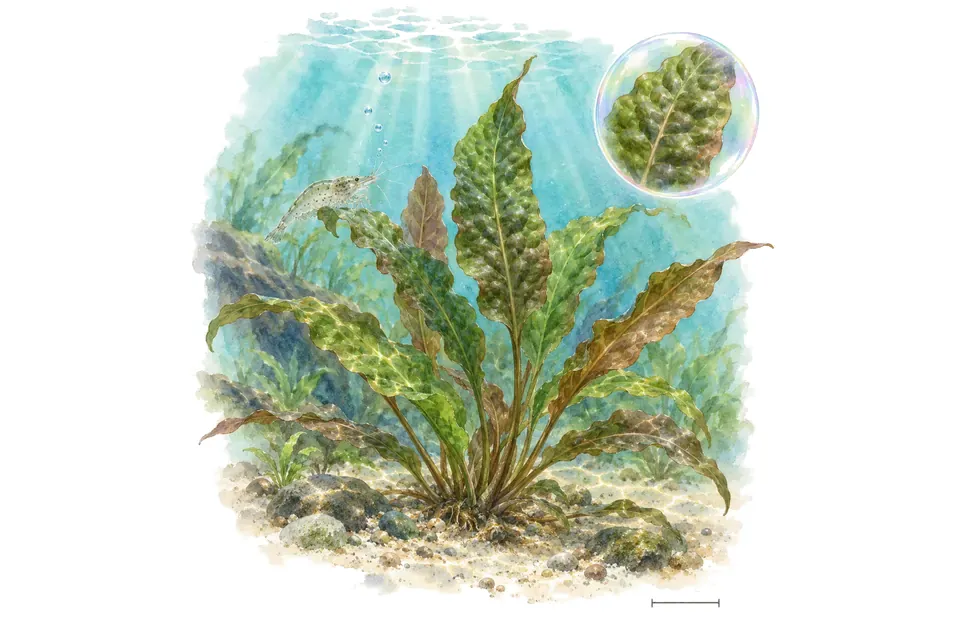 Aquarelle : Cryptocoryne keei (Cryptocoryne keei) dans une eau turquoise lumineuse, avec un détail dans une bulle.