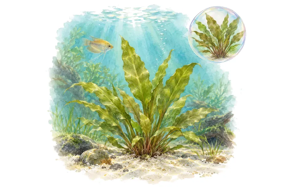 Aquarelle : Cryptocoryne lutea (Cryptocoryne walkeri) dans une eau turquoise lumineuse, avec un détail dans une bulle.