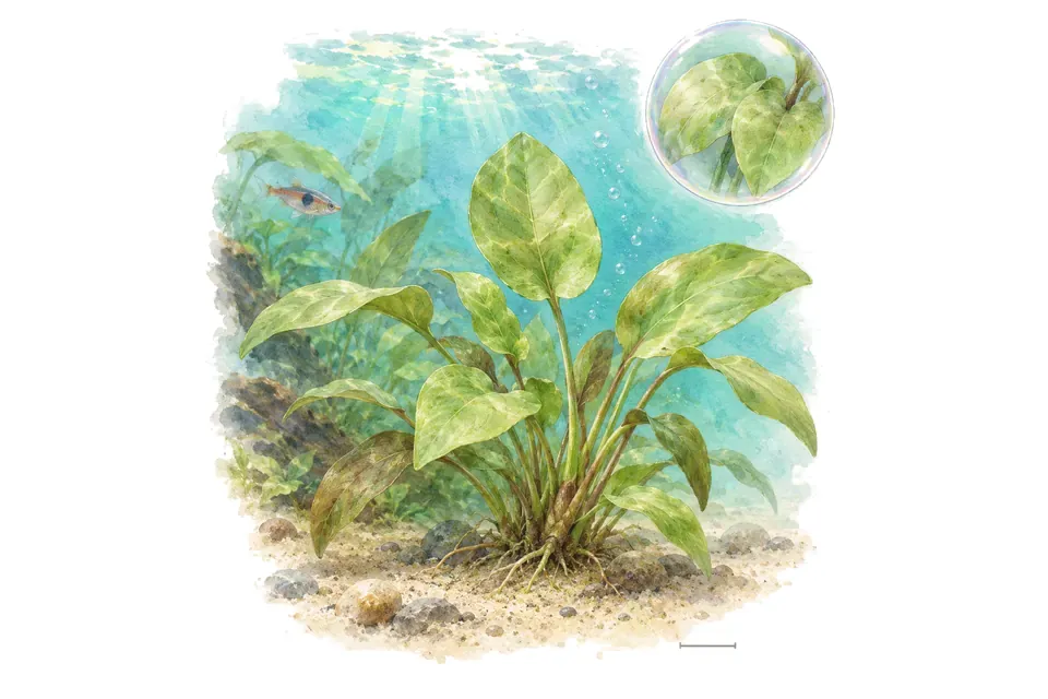 Aquarelle : Cryptocoryne de Moehlmann (Cryptocoryne moehlmannii) dans une eau turquoise lumineuse, avec un détail dans une bulle.