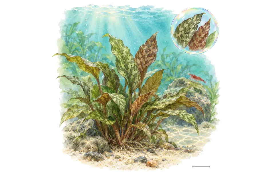 Aquarelle : Cryptocoryne nurii (Cryptocoryne nurii) dans une eau turquoise lumineuse, avec un détail dans une bulle.