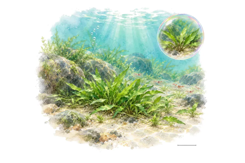 Aquarelle : Cryptocoryne parva (Cryptocoryne parva) dans une eau turquoise lumineuse, avec un détail dans une bulle.