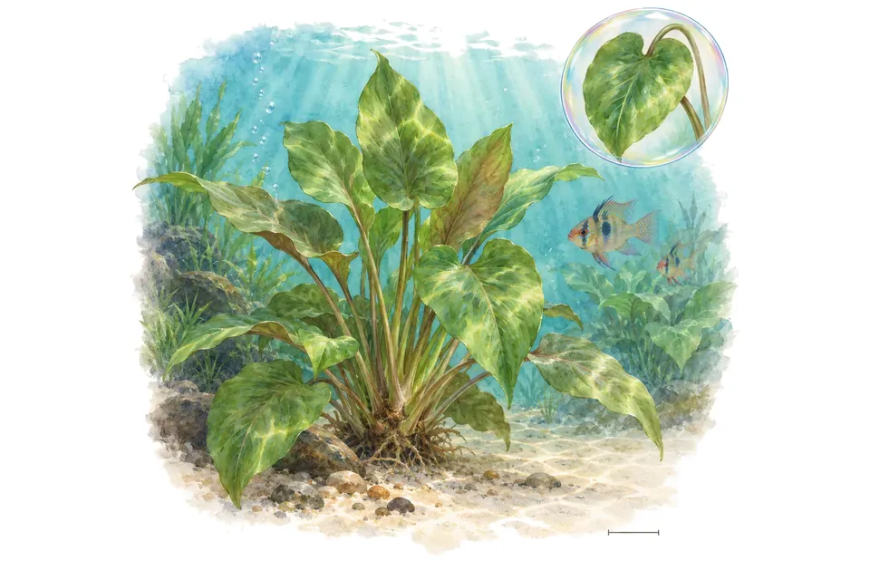 Aquarelle : Cryptocoryne pontederiifolia (Cryptocoryne pontederiifolia) dans une eau turquoise lumineuse, avec un détail dans une bulle.