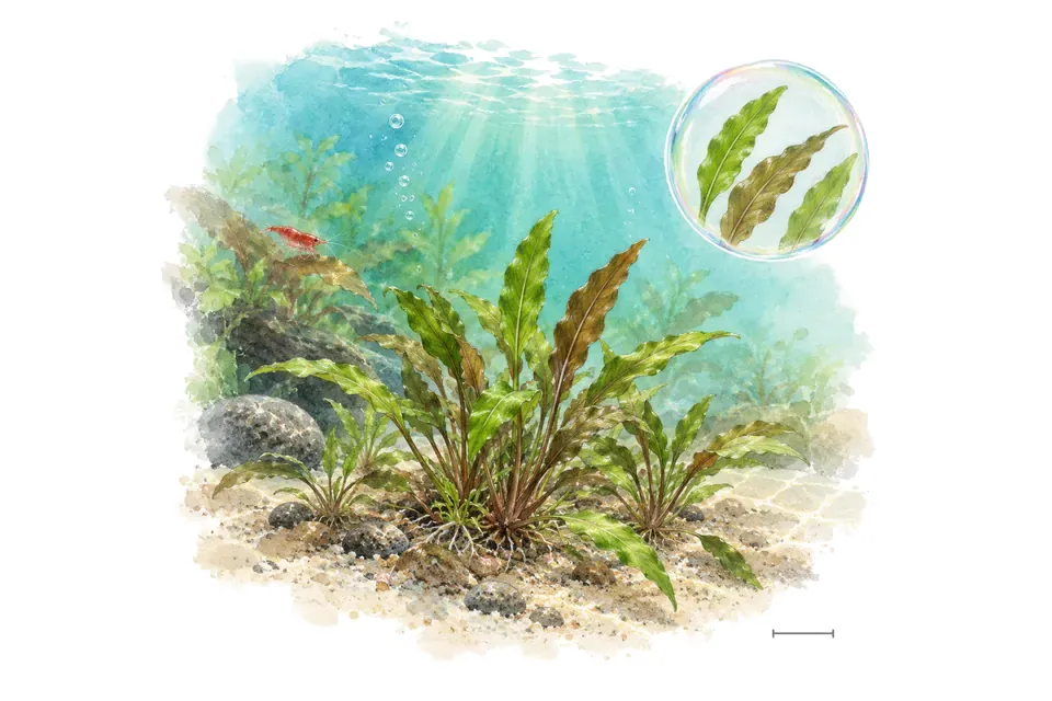 Aquarelle : Cryptocoryne pygmaea (Cryptocoryne pygmaea) dans une eau turquoise lumineuse, avec un détail dans une bulle.