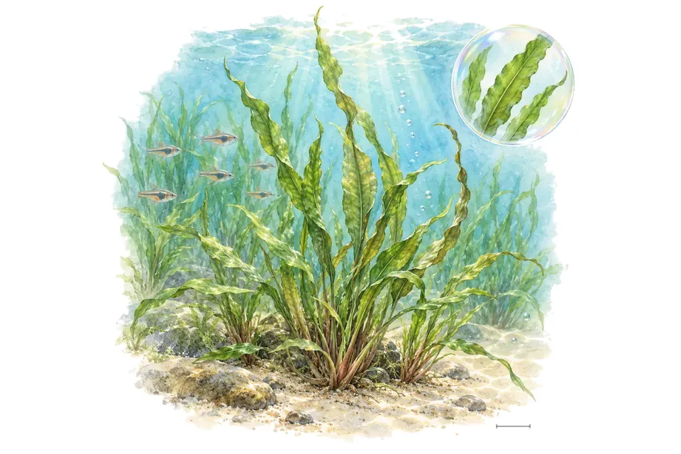Aquarelle : Cryptocoryne retrospiralis (Cryptocoryne retrospiralis) dans une eau turquoise lumineuse, avec un détail dans une bulle.
