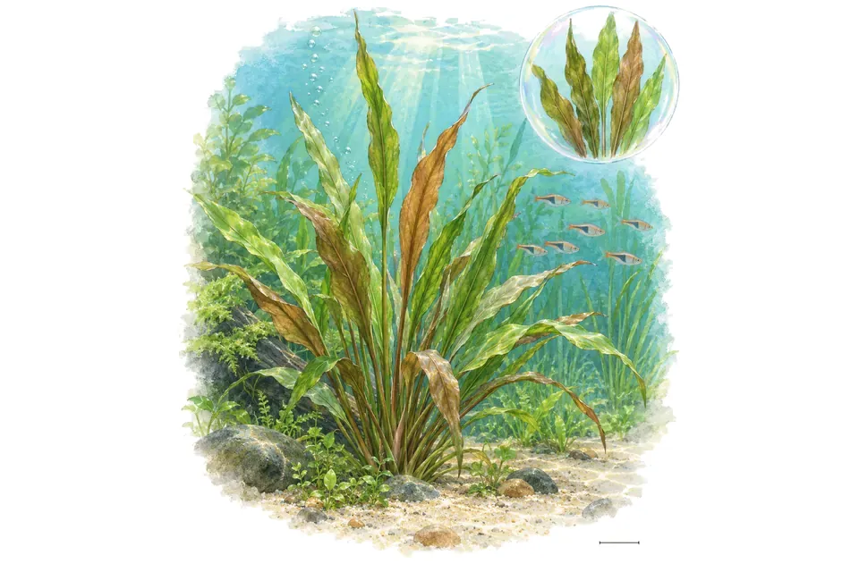 Aquarelle : Cryptocoryne spiralis (Cryptocoryne spiralis) dans une eau turquoise lumineuse, avec un détail dans une bulle.