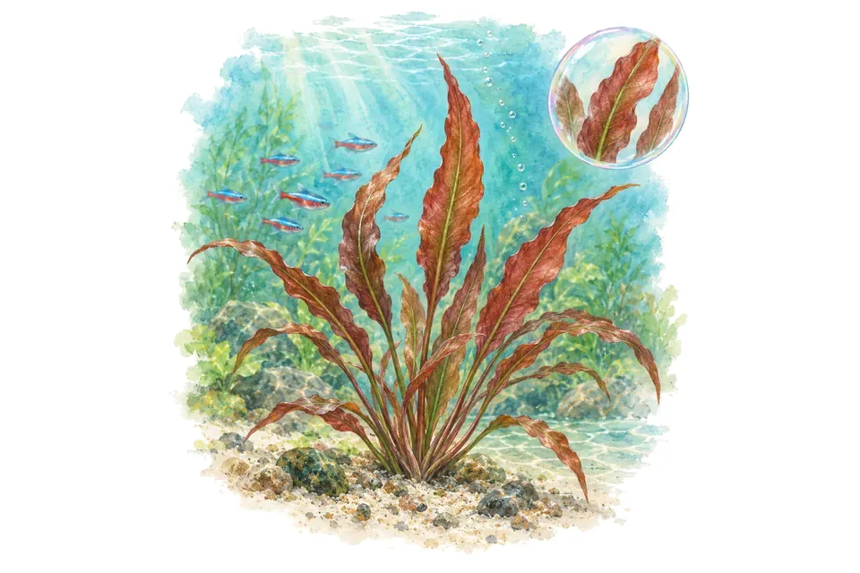 Aquarelle : Cryptocoryne spiralis red (Cryptocoryne spiralis 'Red') dans une eau turquoise lumineuse, avec un détail dans une bulle.