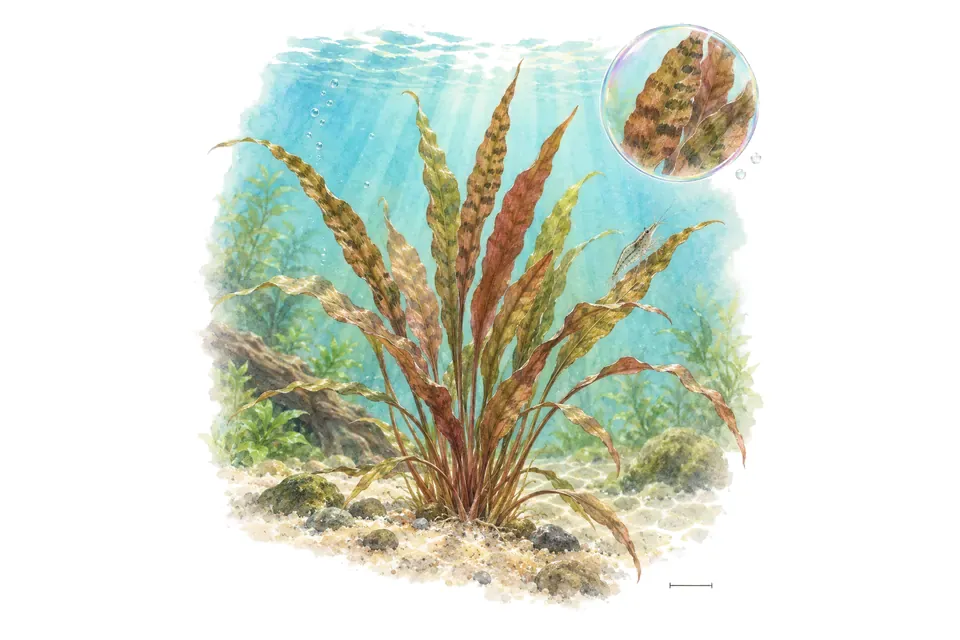 Aquarelle : Cryptocoryne spiralis Tiger (Cryptocoryne spiralis 'Tiger') dans une eau turquoise lumineuse, avec un détail dans une bulle.