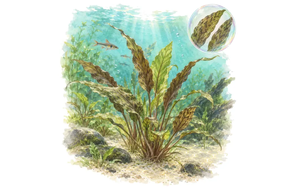 Aquarelle : Cryptocoryne striolata (Cryptocoryne striolata) dans une eau turquoise lumineuse, avec un détail dans une bulle.