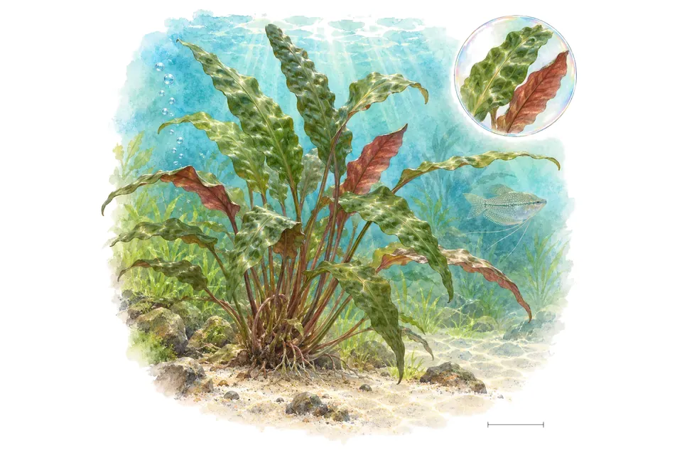 Aquarelle : Cryptocoryne usteriana (Cryptocoryne usteriana) dans une eau turquoise lumineuse, avec un détail dans une bulle.