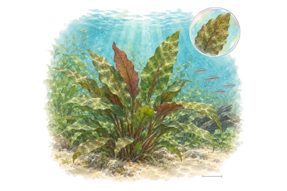 Aquarelle : Cryptocoryne de Wendt (Cryptocoryne wendtii) dans une eau turquoise lumineuse, avec un détail dans une bulle.