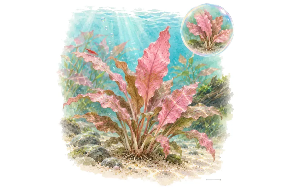 Aquarelle : Cryptocoryne wendtii flamingo (Cryptocoryne wendtii 'Flamingo') dans une eau turquoise lumineuse, avec un détail dans une bulle.