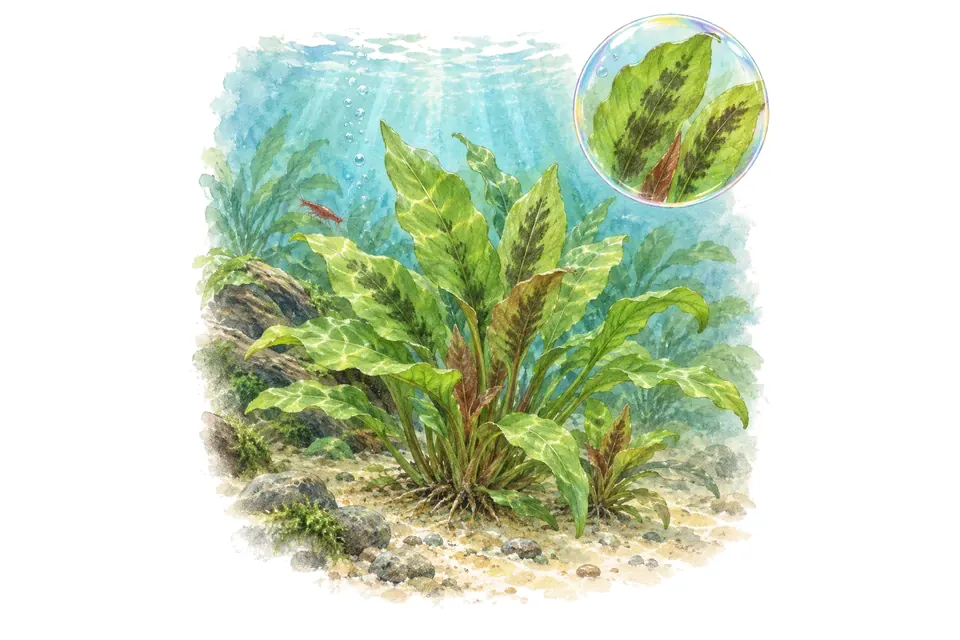 Aquarelle : Cryptocoryne wendtii Green Gecko (Cryptocoryne wendtii 'Green Gecko') dans une eau turquoise lumineuse, avec un détail dans une bulle.