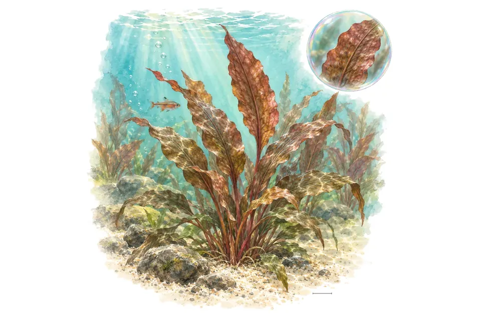 Aquarelle : Cryptocoryne wendtii Mi Oya (Cryptocoryne wendtii 'Mi Oya') dans une eau turquoise lumineuse, avec un détail dans une bulle.