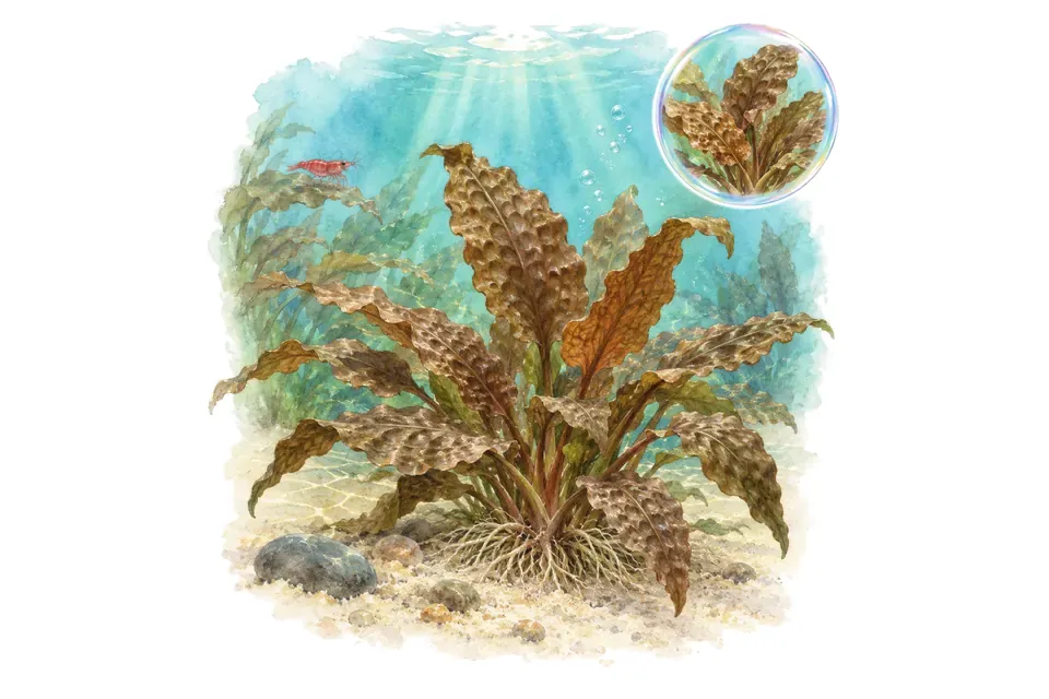 Aquarelle : Cryptocoryne wendtii ‘Tropica’ (Cryptocoryne wendtii 'Tropica') dans une eau turquoise lumineuse, avec un détail dans une bulle.